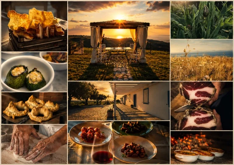Mosaico dell'ospitalità a Badde Nigolosu: la pergola al tramonto, i piatti di casa, il pane, i salumi e il viale tra i vigneti.